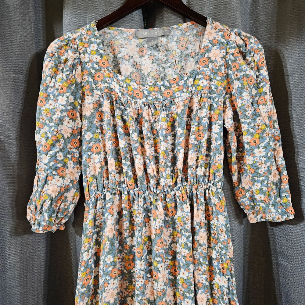 Lark + Grey Women Blue Floral‎ Square Neck Tiered Midi Dress 3/4 Sleeve Medium